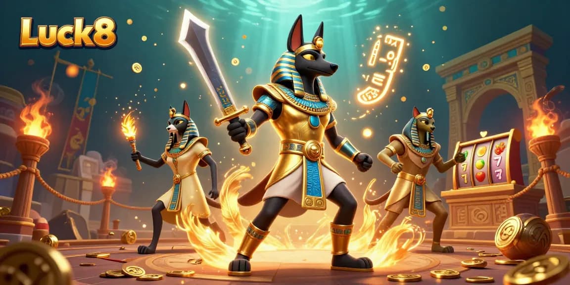 Experience thrilling gameplay at Luck8 with stunning Egyptian warriors and vibrant casino elements.