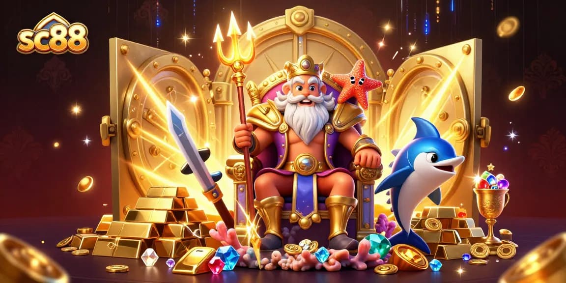 Experience sc88's thrilling treasure vault in a vibrant casino scene with Neptune and dazzling riches.