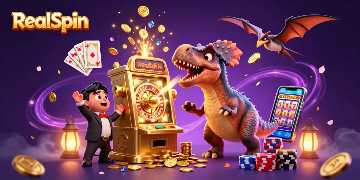 RealSpin biedt spannende gokkansen met een cartoonpachycephalosaurus die een slotmachine aanvalt.