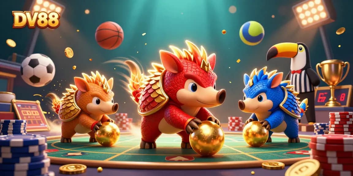 DV88 pangolins thrillingly bowling through poker chips, showcasing vibrant casino action.