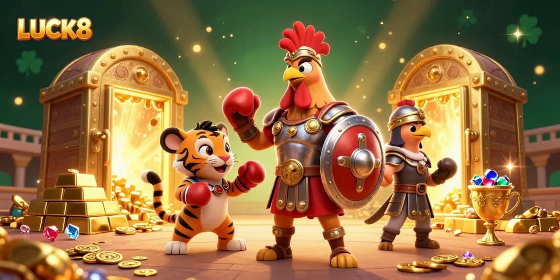 Experience thrilling gameplay at LUCK8 with an engaging casino scene featuring dynamic characters and treasures.