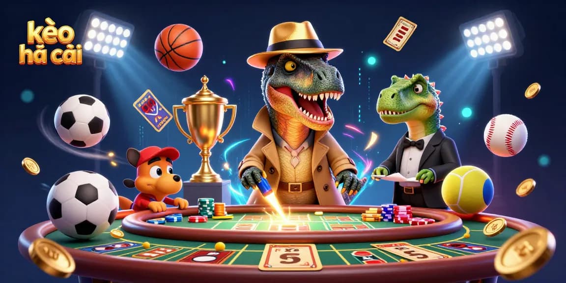 Bet on kèo nhà cái with a cartoon velociraptor counter at an exciting sports betting table.