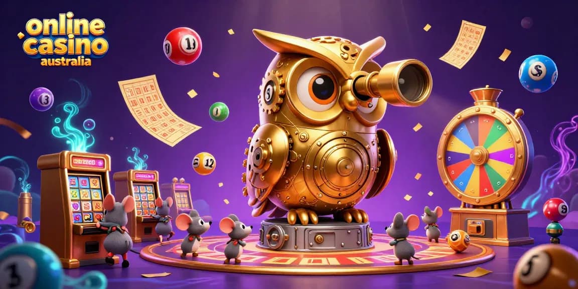 Engage in vibrant gaming with an owl overseeing an online casino australia scene filled with bonuses and excitement.