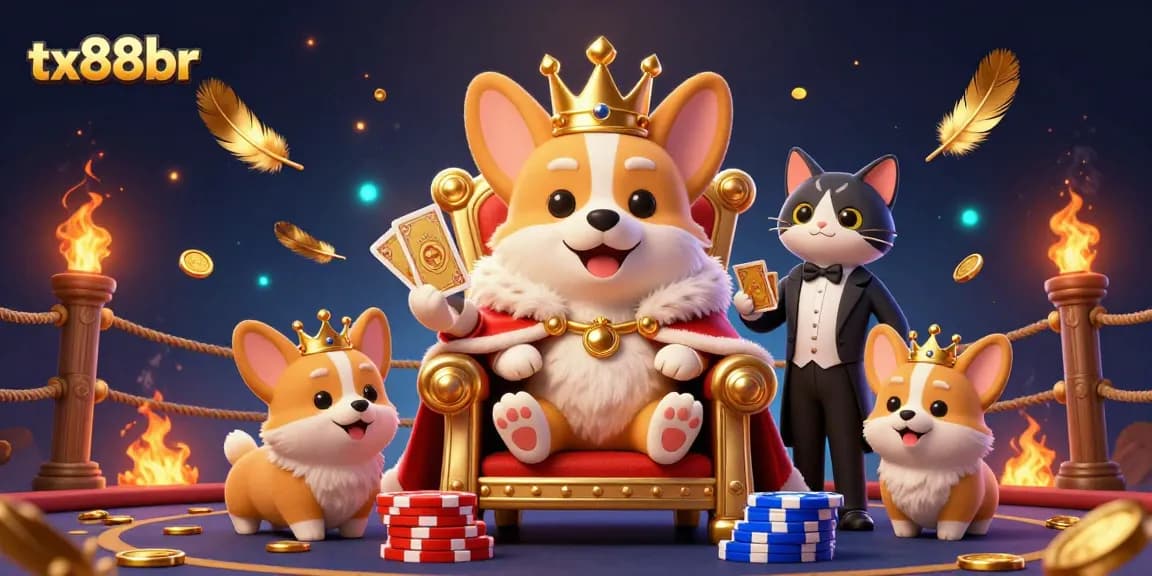 Experience the thrill of gaming at tx88br with our royal corgi surrounded by rich casino elements.