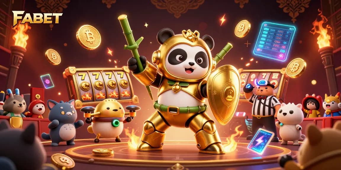 Engage in thrilling slots with FABET as the mech-suit panda showcases its jackpot prowess.