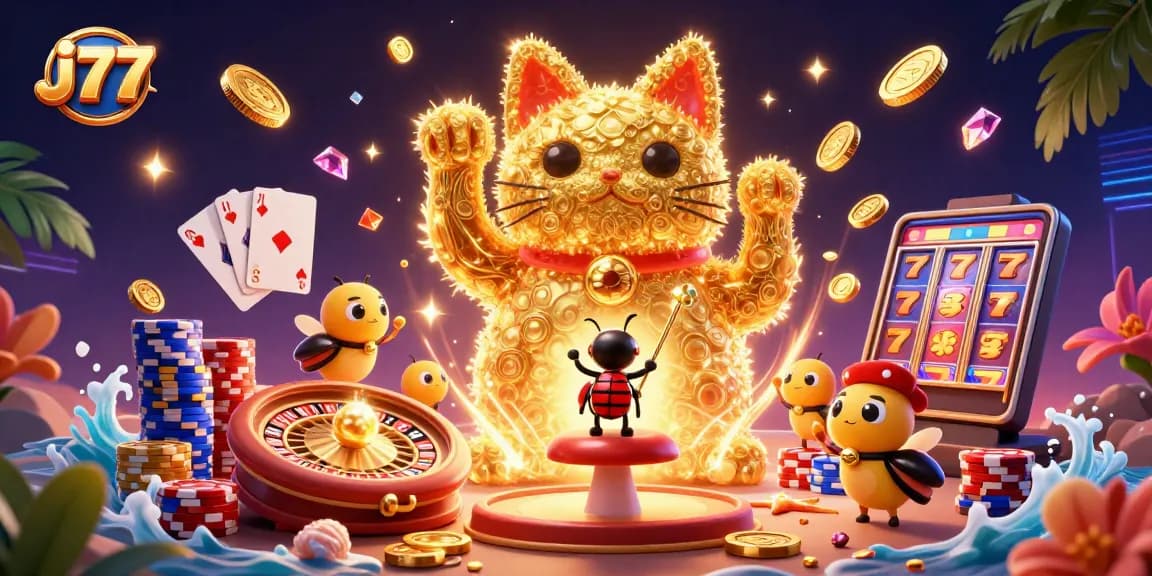 Join the fun at j77 casino featuring a lively scene with golden lucky cat and casino elements.