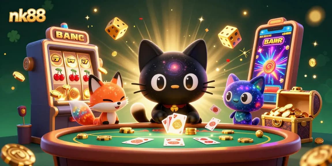 Engage with the cosmic charm of nk88's 3D casino, featuring a black hole cat and a nebula fox.