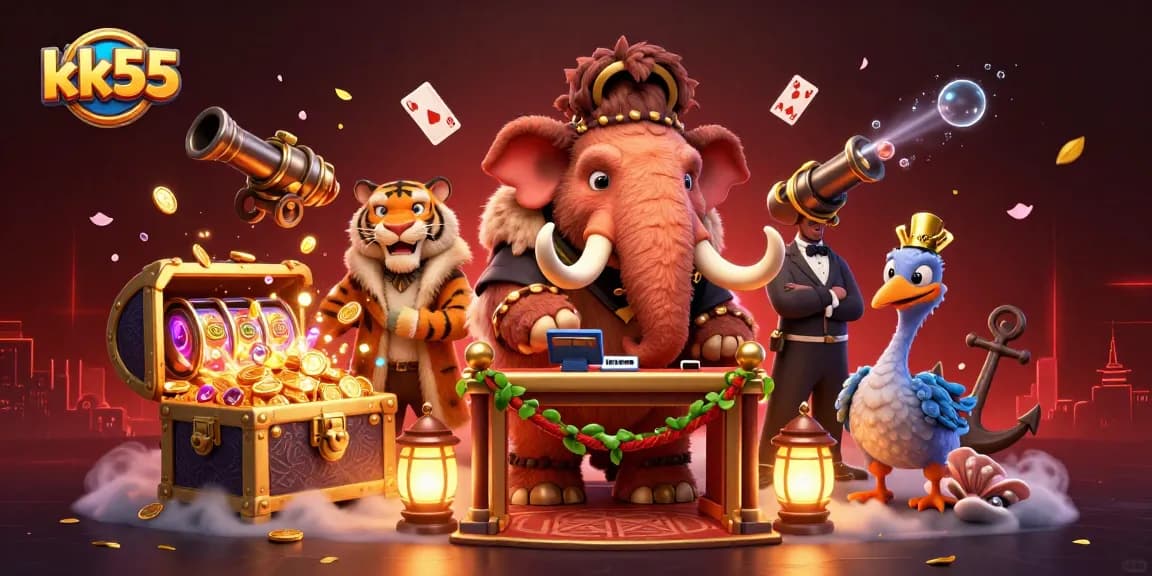 Exciting gaming scene featuring kk55 characters enjoying a vibrant casino atmosphere with slots and treasures