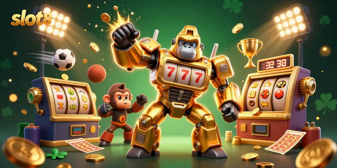 Experience the excitement of slot88 with a dynamic 3D illustration of gaming action and colorful elements.