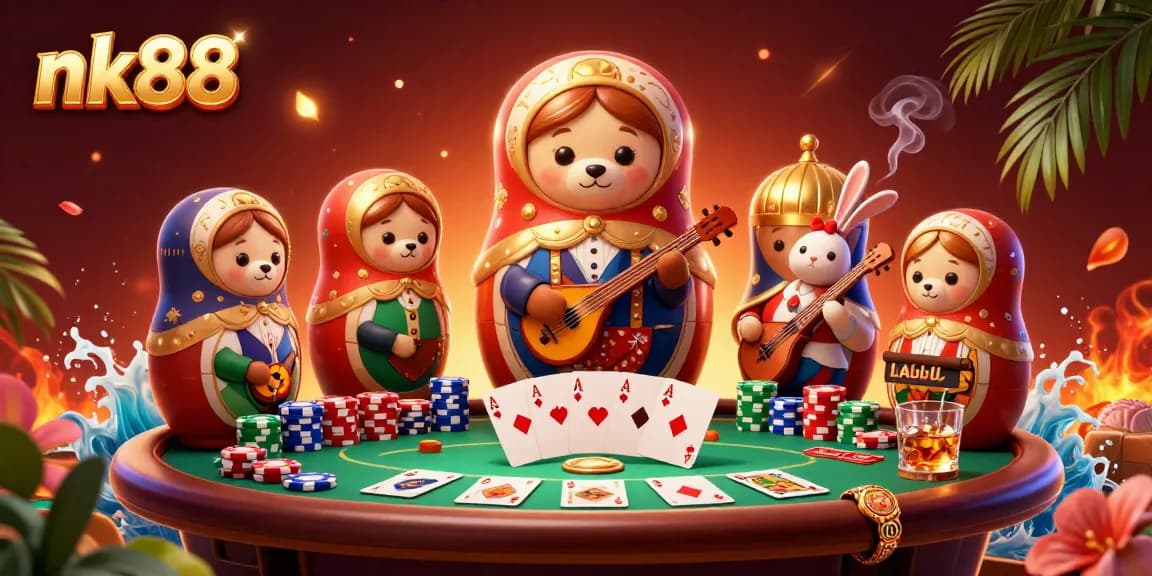 Experience game excitement at nk88 with vibrant bears in casino outfits around a dynamic poker table.