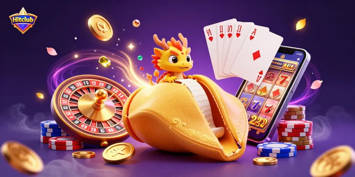 Hitclub interactive gaming scene featuring gold coins, poker chips, and a roulette wheel, highlighting gambling excitement.