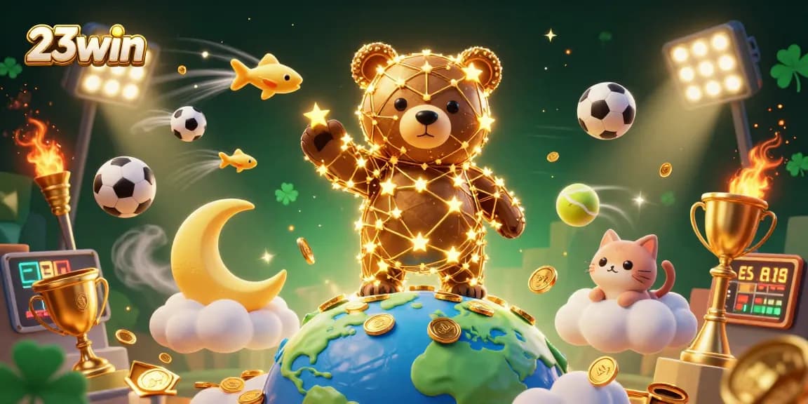 Engage with 23win’s vibrant gaming scene featuring a constellation bear and dynamic sports elements.