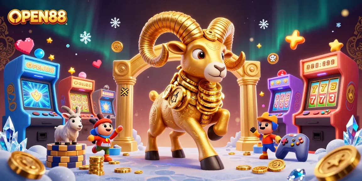 Experience thrilling action at OPEN88 with a golden ram charging through a vibrant casino scene.