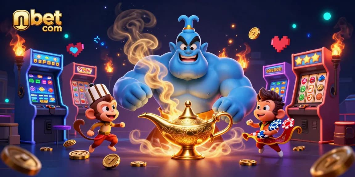 Nbet com showcases a magical genie, monkey, and poker chips in a vibrant casino scene.