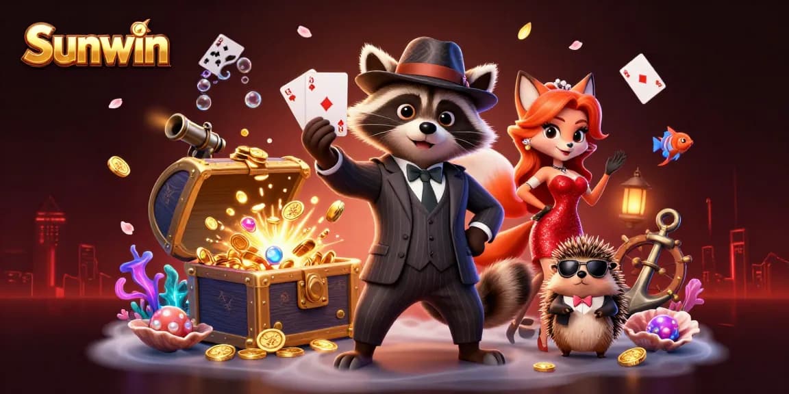 Engage with Sunwin's vibrant 3D illustration of a raccoon holding cards amidst a treasure-filled underwater scene.