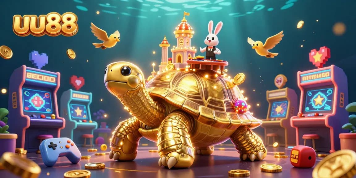 Experience the vibrant world of uu88 with a golden tortoise casino and a rabbit dealer amidst flying coins.