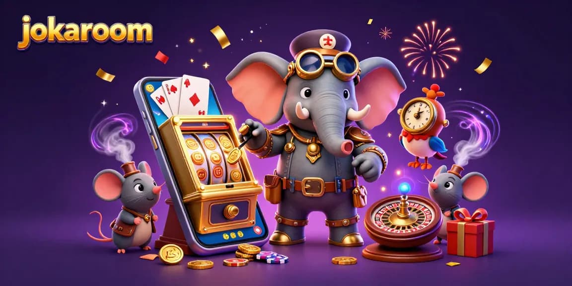 Experience thrilling pokies action with jokaroom's vibrant 3D casino illustration featuring characters and gaming elements.