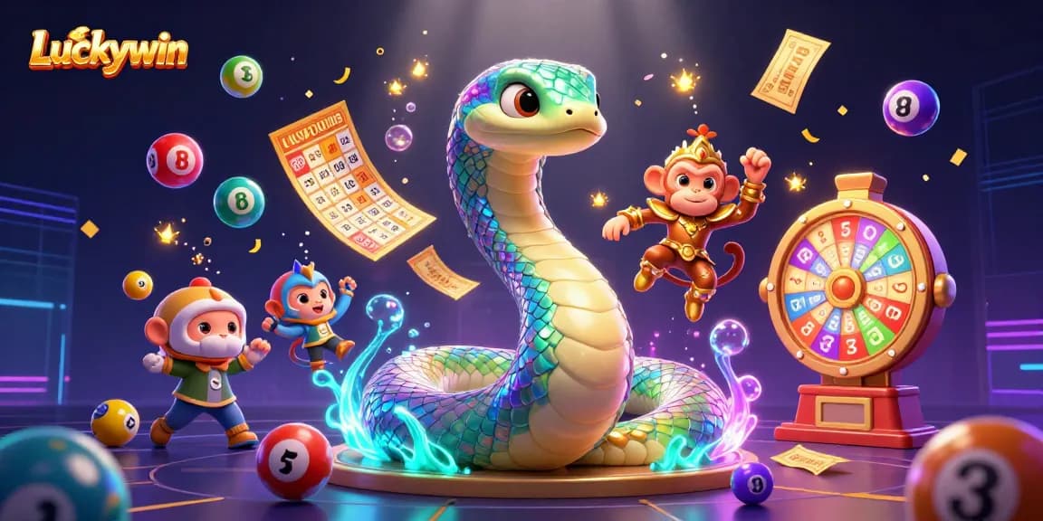 Engage with Luckywin, the vibrant world of online gaming, featuring colorful lottery balls and a magical scene.