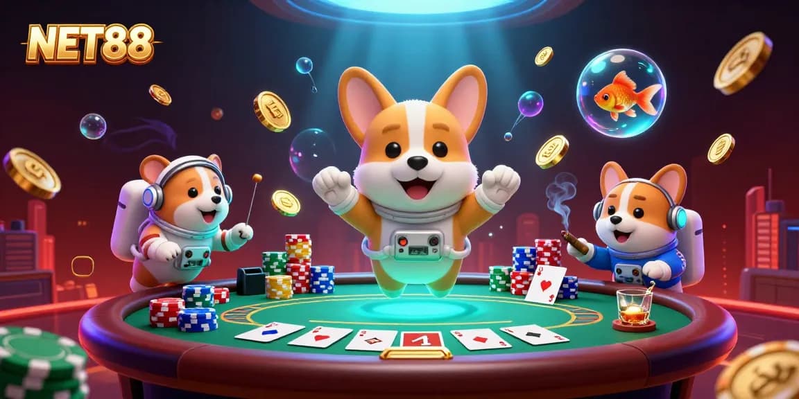 NET88 space casino scene with a corgi, hamster, goldfish, poker elements, and floating coins.