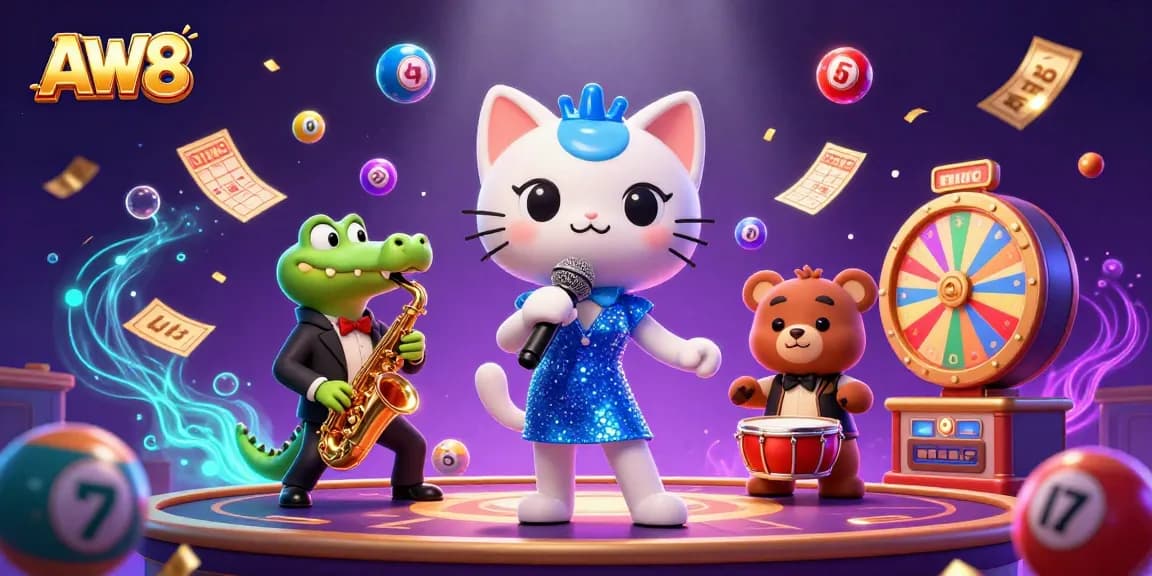 AW8 casino scene featuring lively cartoon characters performing among vibrant gambling elements.