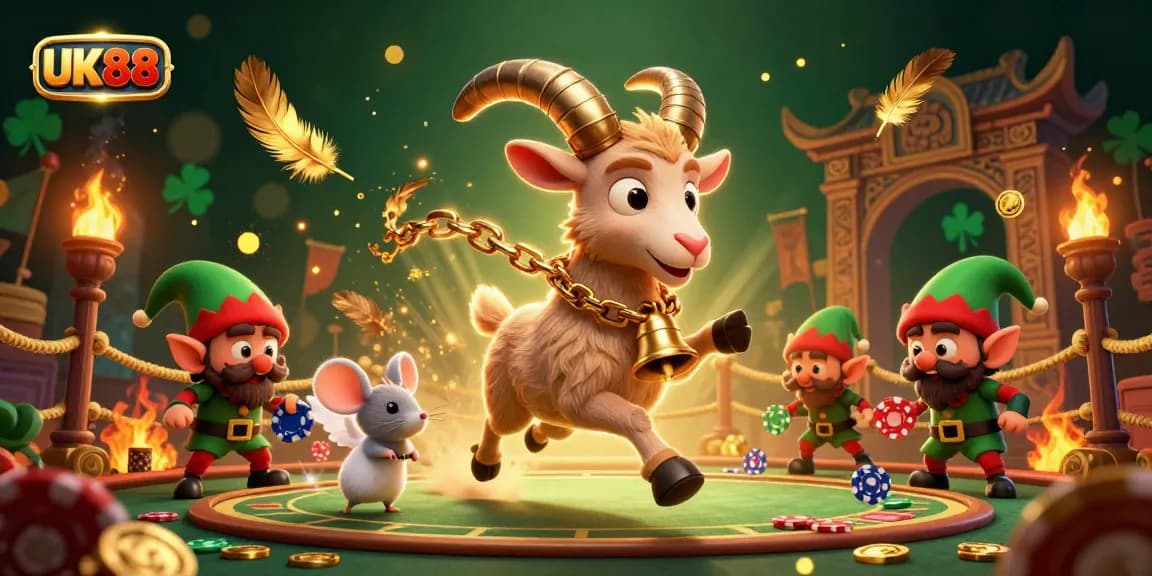 Experience the thrill of UK88's vibrant casino scene featuring playful characters stealing poker chips amidst excitement and fantasy.