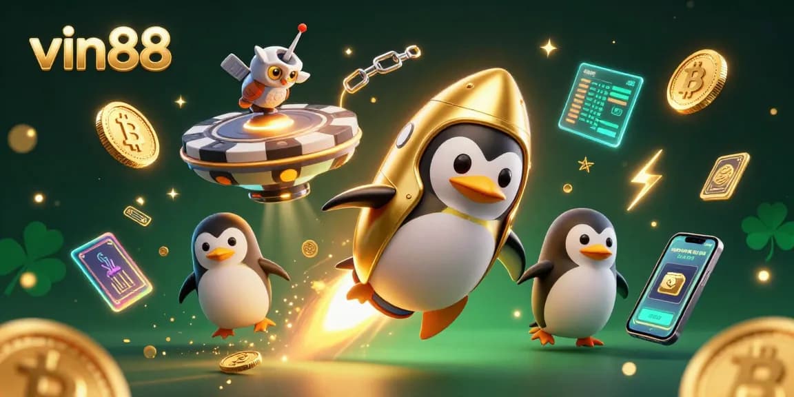 Experience thrilling wins at vin88 with a dynamic 3D cartoon scene illustrating a golden penguin in space.
