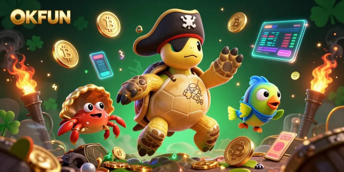 Engage with OKFUN in a vibrant 3D casino scene full of treasures and gambling excitement.