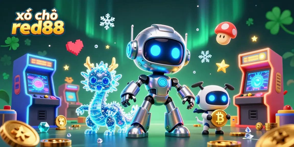 Engage in exciting xổ số red88 with vibrant arcade elements and dynamic gaming mascots.