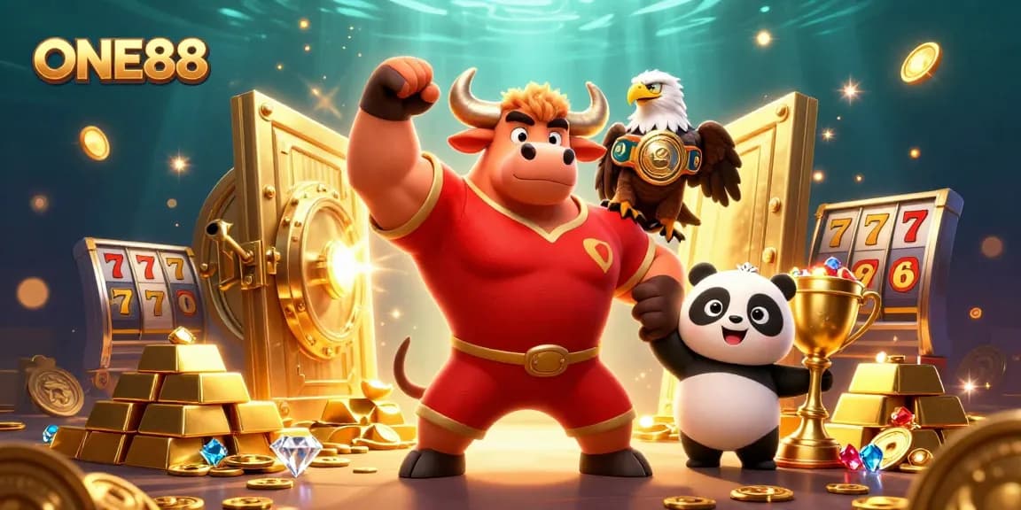 Experience exciting winning opportunities with ONE88's dynamic casino scene featuring victorious characters and vibrant treasures.