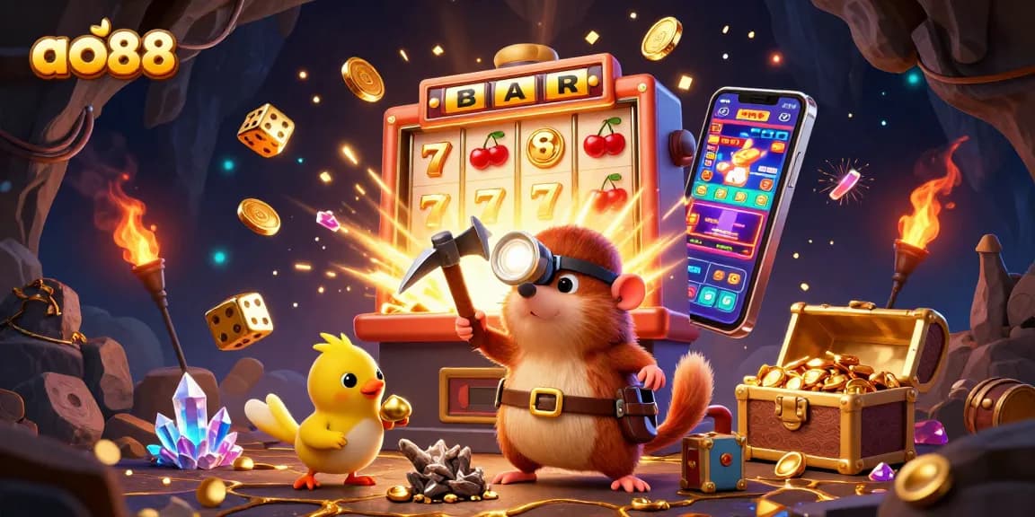 ao88 treasuring the excitement of mining gold and winning jackpots in a colorful casino scene