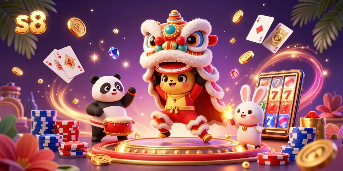 S8 offers vibrant casino action with golden coins and exciting slot machine reels in a dynamic scene.
