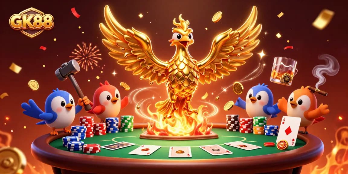 Experience GK88 excitement with molten metal phoenix and poker elements in a vibrant casino scene.
