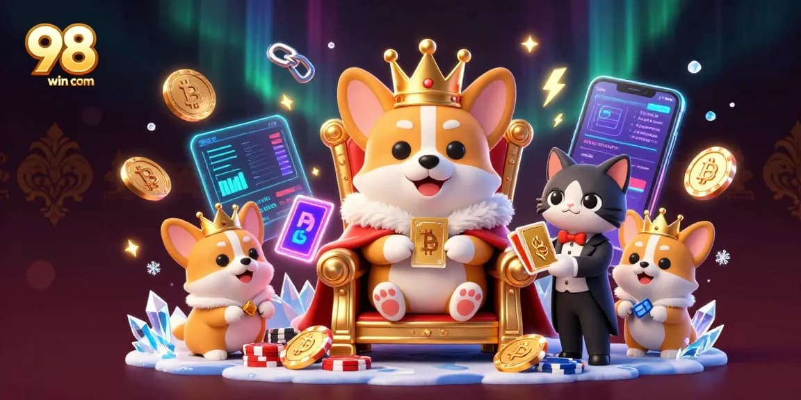 Experience thrilling gaming adventures at 98win com with a majestic royal corgi and vibrant digital elements.