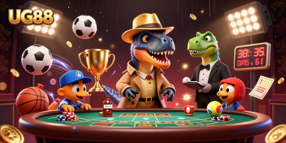UG88 offers an exciting scene with a velociraptor card counter at a blackjack table, capturing thrilling casino moments.