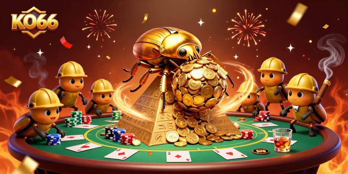 Exciting KO66 casino scene with a golden dung beetle rolling coins and a vibrant poker setup.