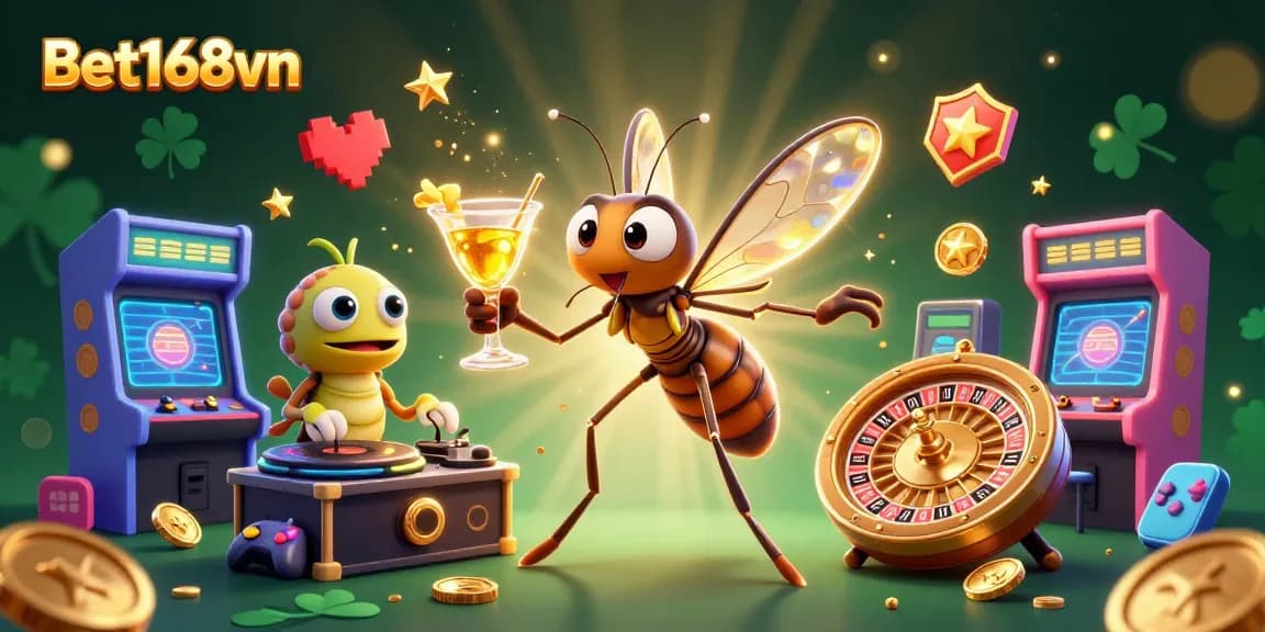 Bet168vn brings excitement with a vibrant casino mascot and a unique scene featuring games and golden elements.