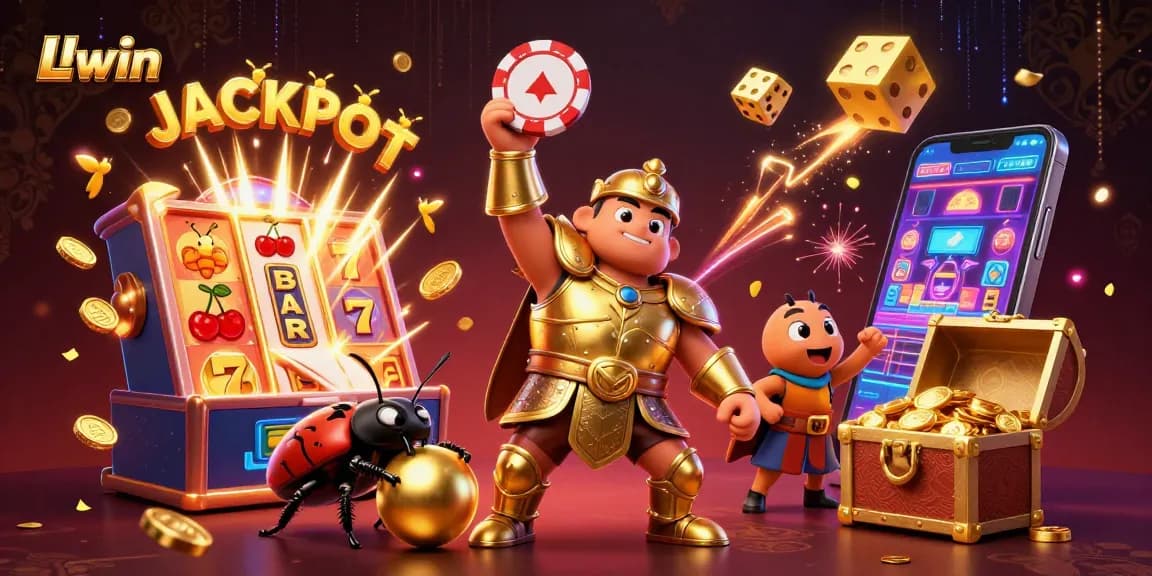 Experience the thrill of Llwin's vibrant jackpot scene with animated characters, casino elements, and dynamic colors.