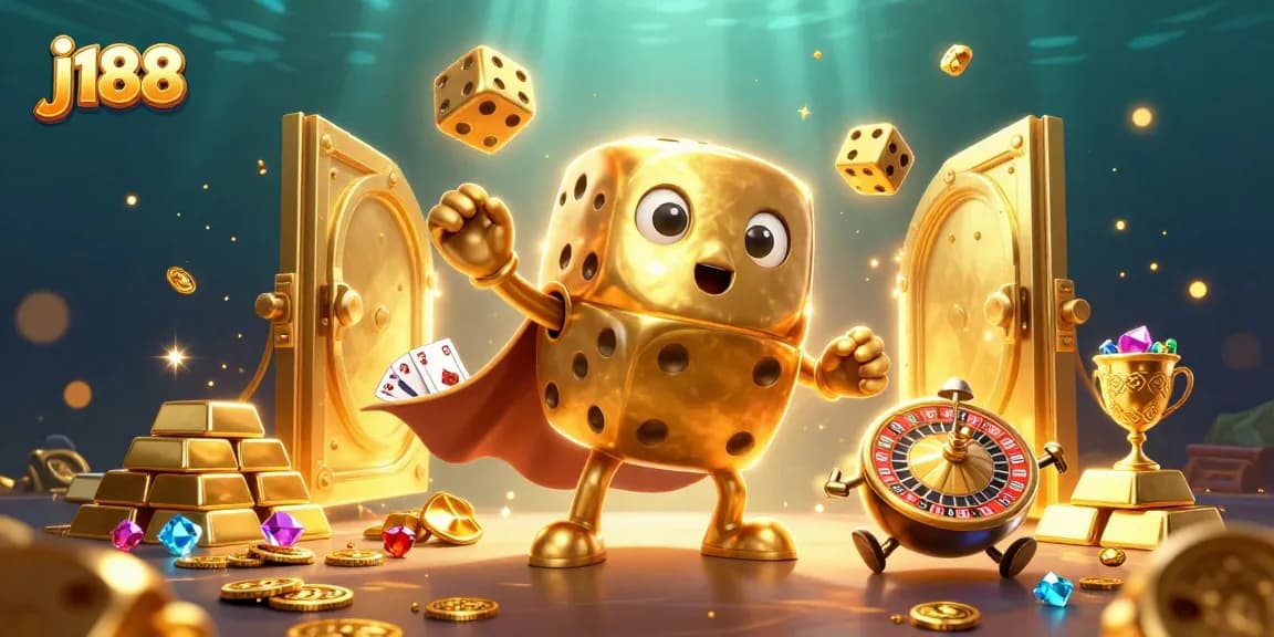 Experience thrilling j188 adventures with golden dice golem and treasures in a vibrant casino scene.