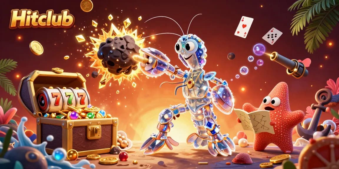 Hitclub gamers spin slot reels for jackpot wins amidst cosmic treasures in a vibrant 3D casino scene.