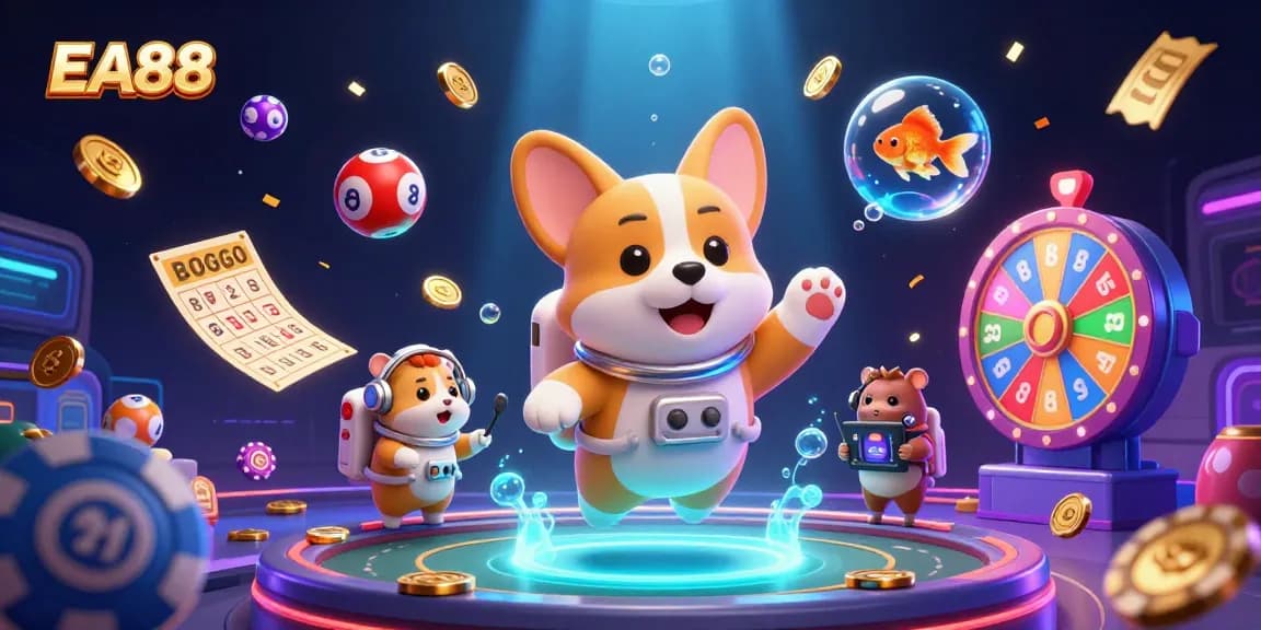 Experience thrilling gambling with EA88 in a vibrant casino scene featuring cartoon characters in space.
