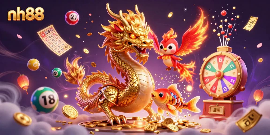 Experience big wins with nh88's vibrant casino illustration featuring games and lucky symbols.