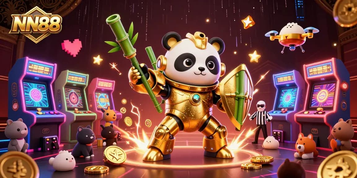 Join the excitement of NN88 with a vibrant casino scene featuring animated characters and game elements.