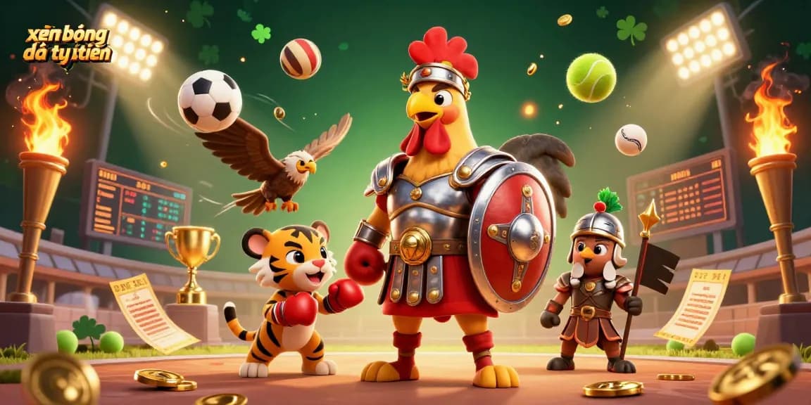 Watch xem bóng đá trực tuyến with a dynamic illustration of a rooster in a colosseum surrounded by sports balls.
