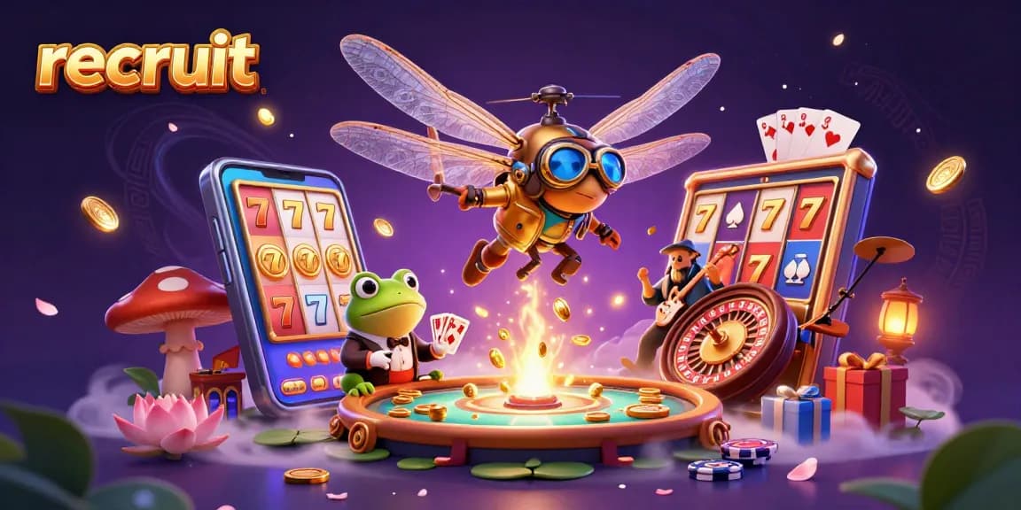 Engage in gaming excitement with recruit, featuring a dynamic casino scene of a dragonfly pilot, frog croupier, and vibrant slot elements.
