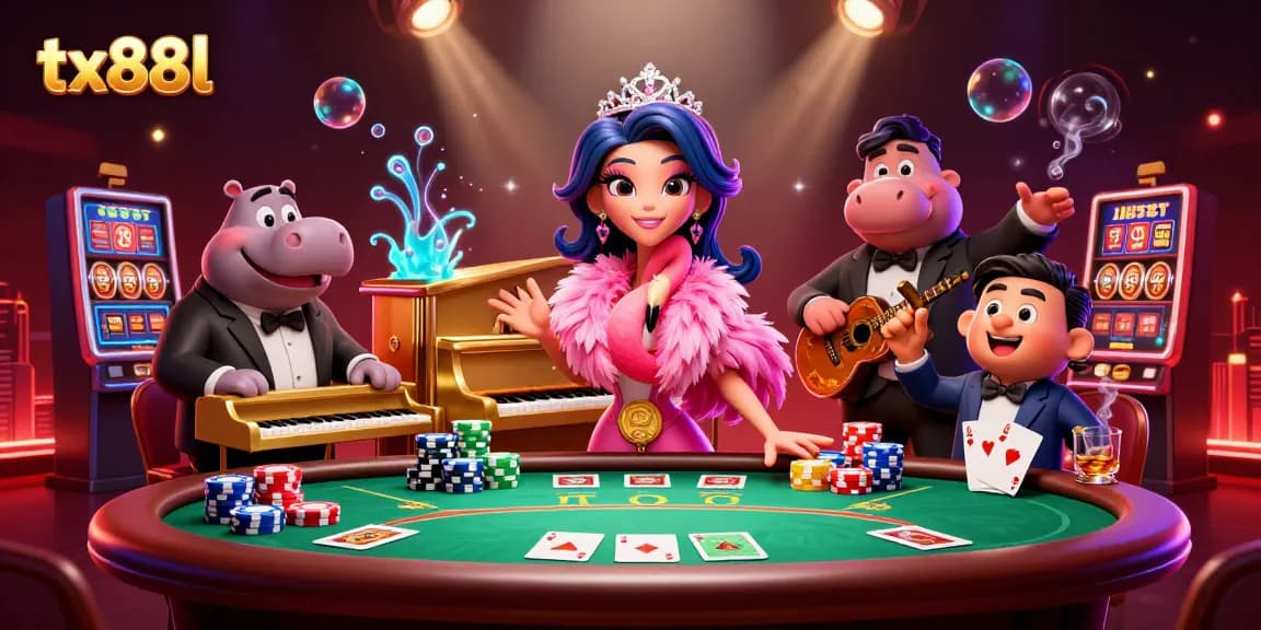 Experience exciting wins at tx88l with vibrant casino characters surrounded by dynamic poker elements.