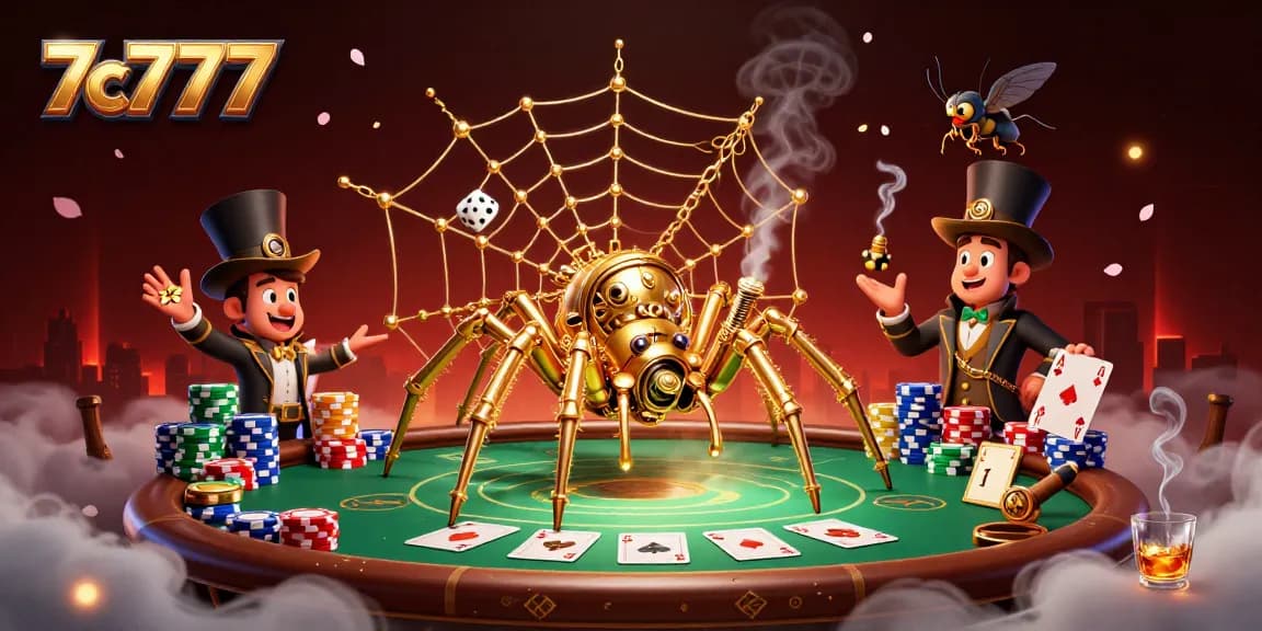 Engage with 7c7777 casino scene showcasing steampunk spider and poker elements.