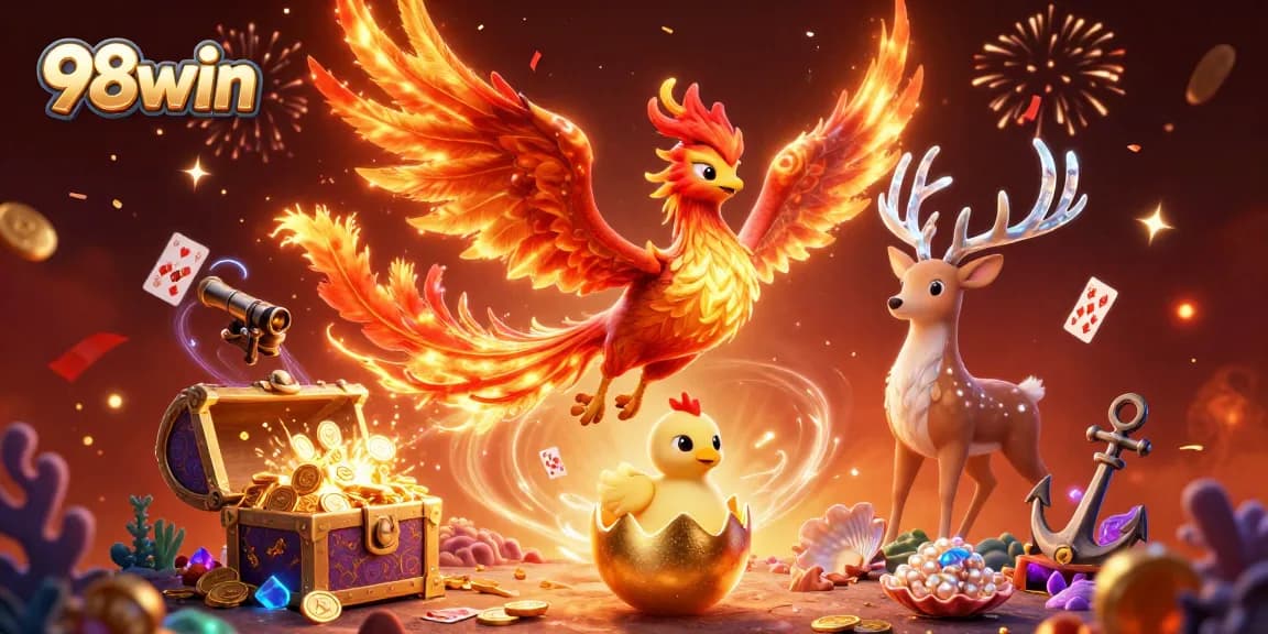 Experience thrilling 98win moments with a phoenix and baby hatching amidst gaming treasures.