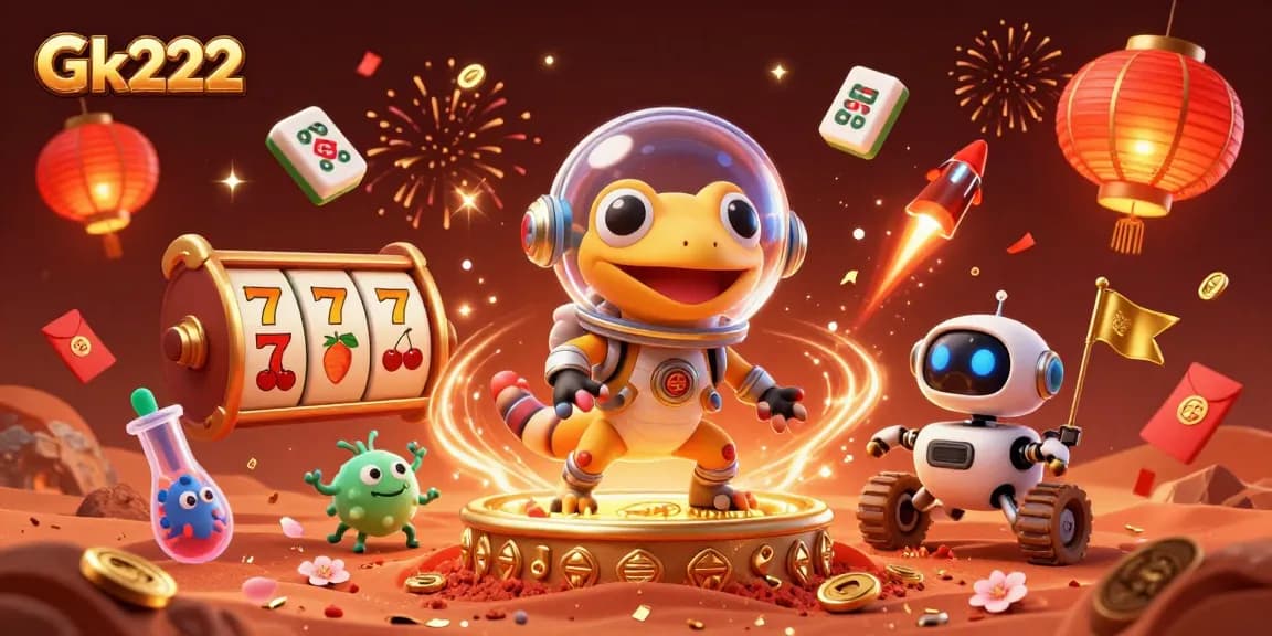 Experience Gk222's thrilling golden casino adventure on Mars with vibrant game symbols and festive elements.