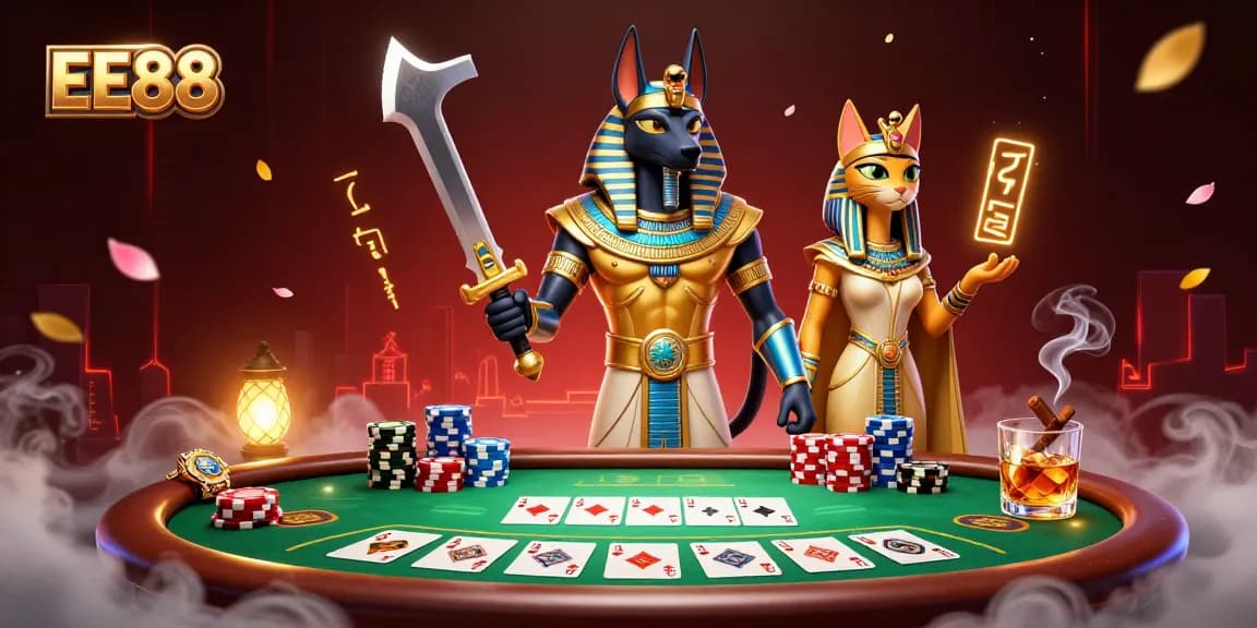 Engage with EE88's thrilling poker scene showcasing the Egyptian warrior Anubis and cat Bastet.
