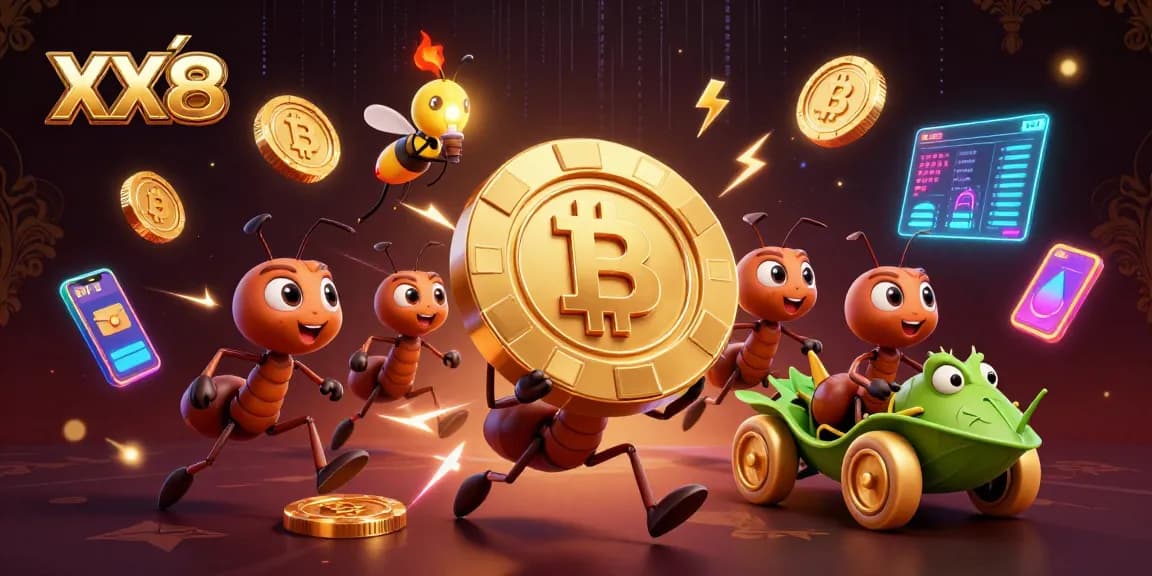 Experience the thrill of winning at XX88 with ants carrying a giant poker chip and crypto elements.